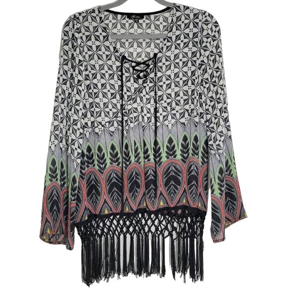 Monteau Black White Geometric Fringe Lace Up Blouse Top Size S - Picture 1 of 5